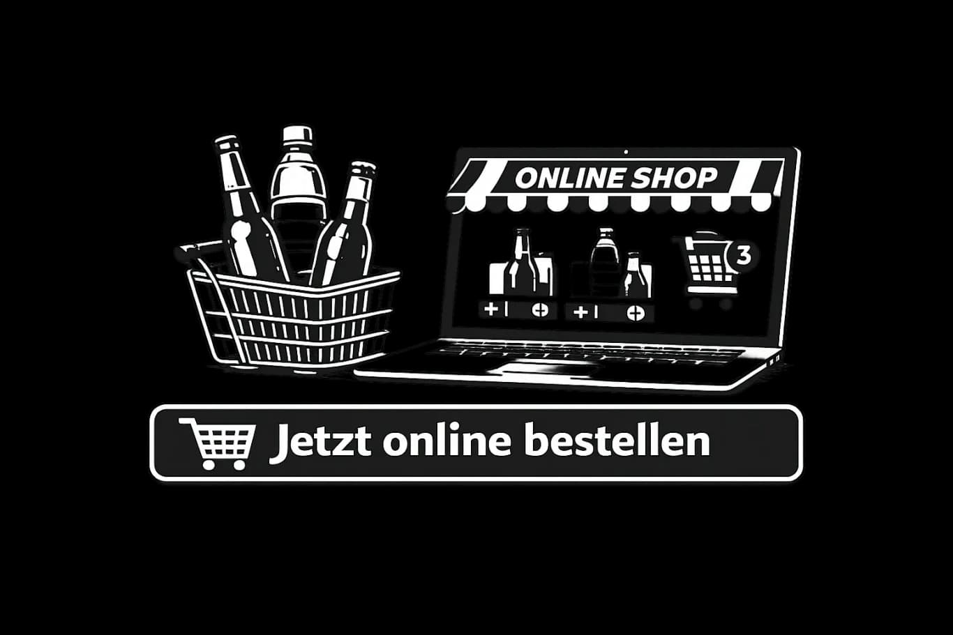 Einkaufswagen mit Getränken und Laptop für Online-Bestellungen.