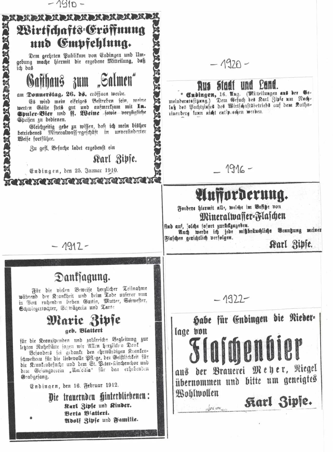 Sammlung historischer Zeitungsausschnitte und Anzeigen der Familie Zipse aus den 1910er- und 1920er-Jahren.