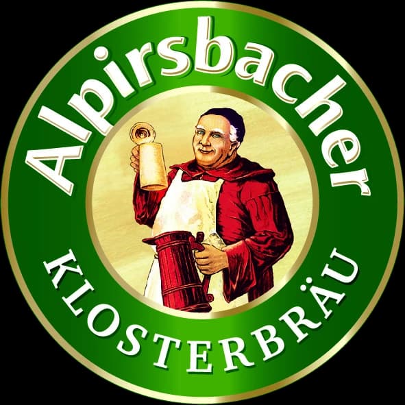 Logo der Alpirsbacher Klosterbräu mit lächelndem Braumeister und Bierkrug.