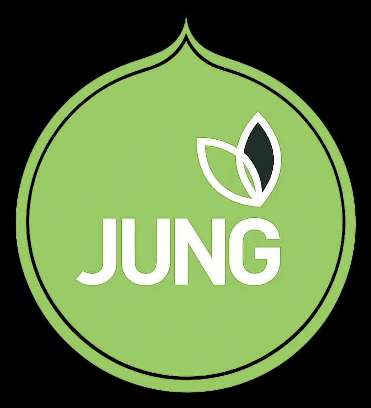 Grünes Rundlogo mit weißem Schriftzug „JUNG“ und Blattmotiv.