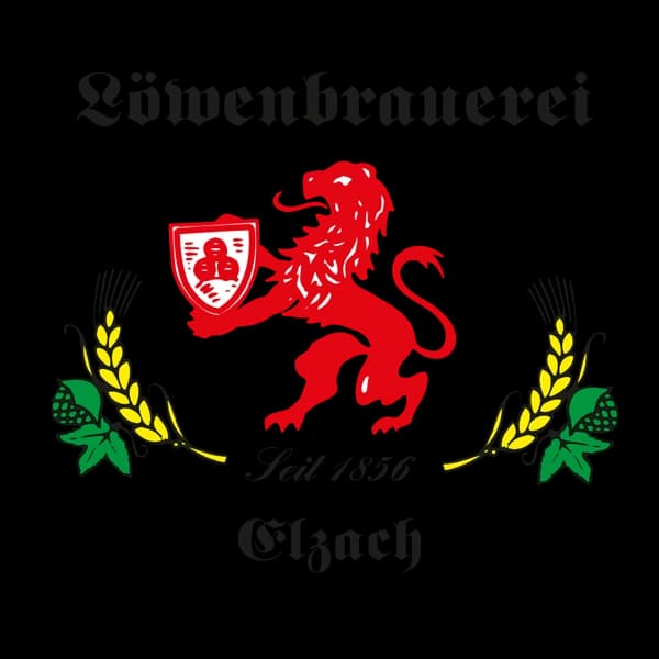 Wappen mit rotem Löwen, flankiert von Hopfen und Weizen – Schriftzug „Löwenbrauerei Elzach“.