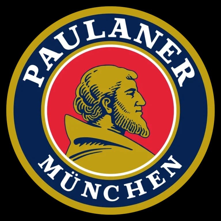 Paulaner-Logo mit Mönchsfigur und blauem Schriftzug.