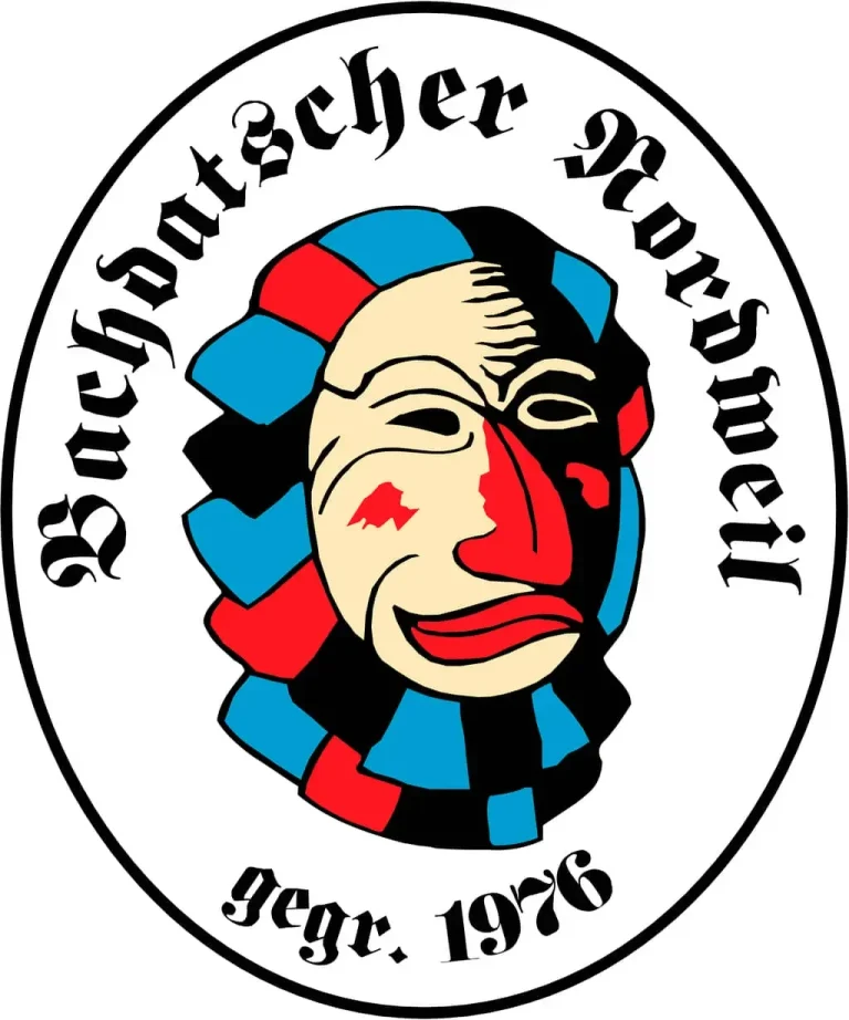 Ovales Emblem der Bachdatscher Nordweil mit einer schwarz-blau-rot bemalten Fasnetmaske.