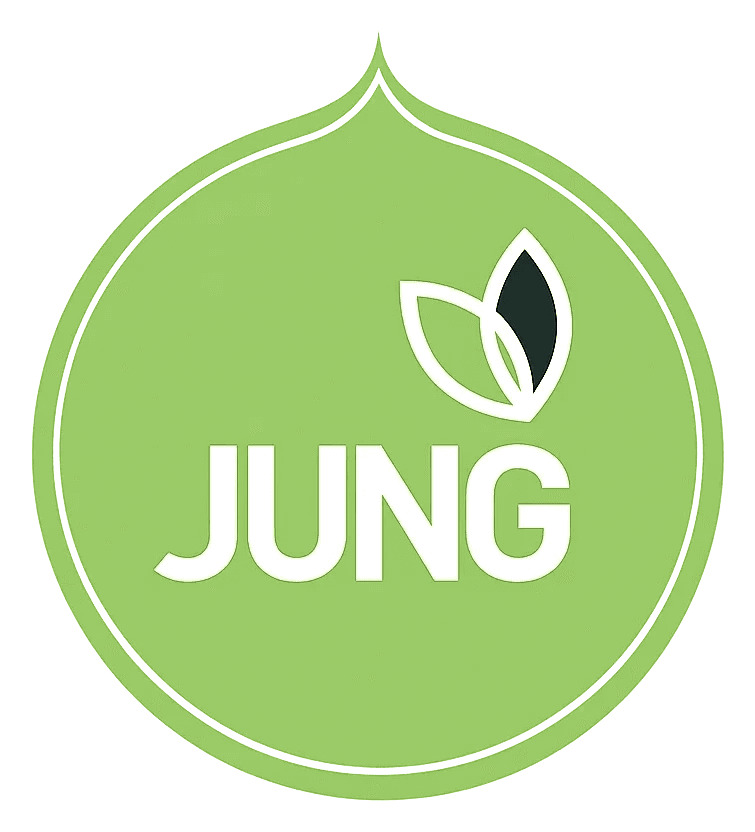 Grünes Rundlogo mit weißem Schriftzug „JUNG“ und Blattmotiv.
