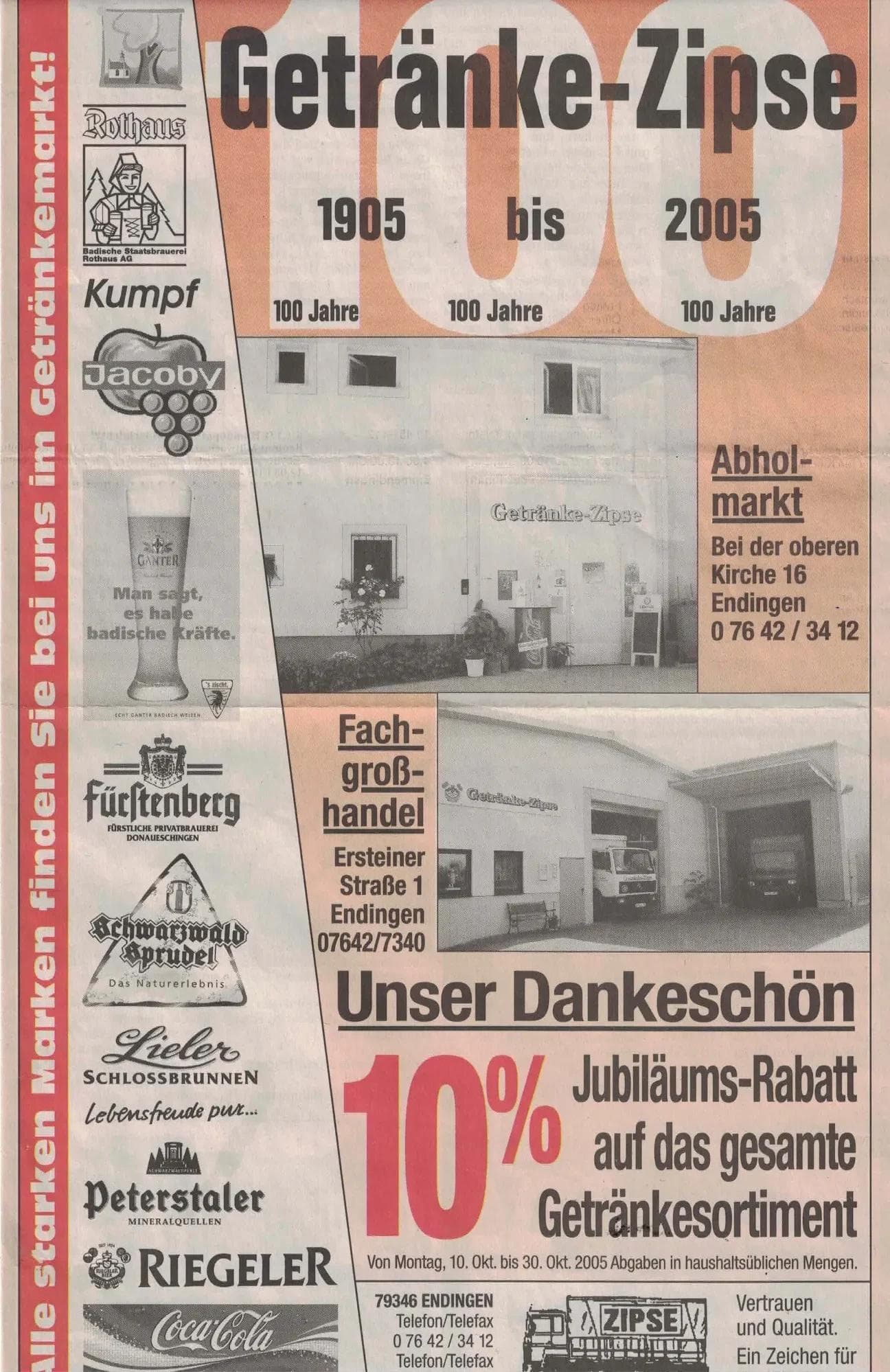 Ankündigung des 100-jährigen Jubiläums von Getränke Zipse mit Sonderangebot.