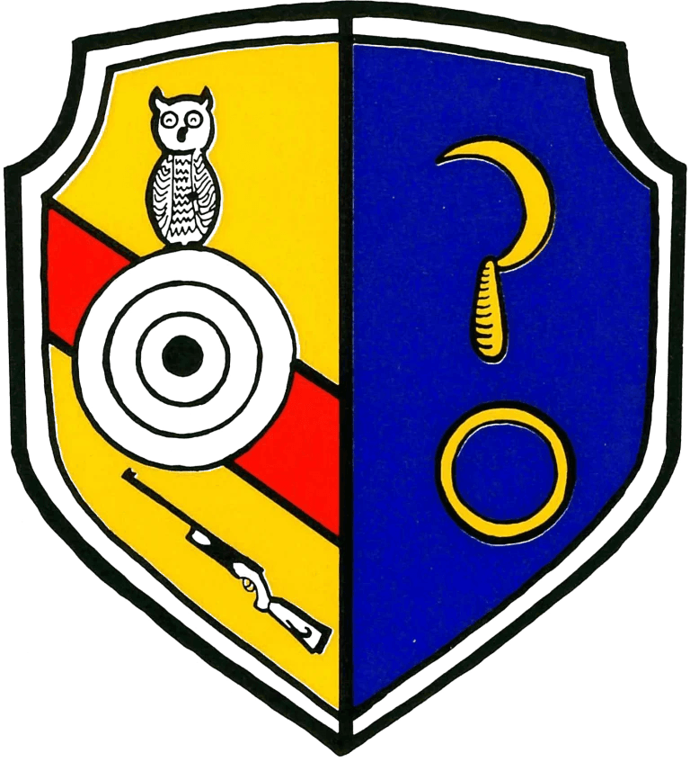 Wappen des Schützenvereins Köndringen mit Eule, Zielscheibe und Gewehr.