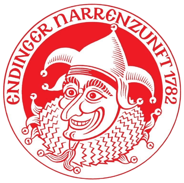 Rotes Emblem mit einem lachenden Narren und der Aufschrift "Endinger Narrenzunft 1782".