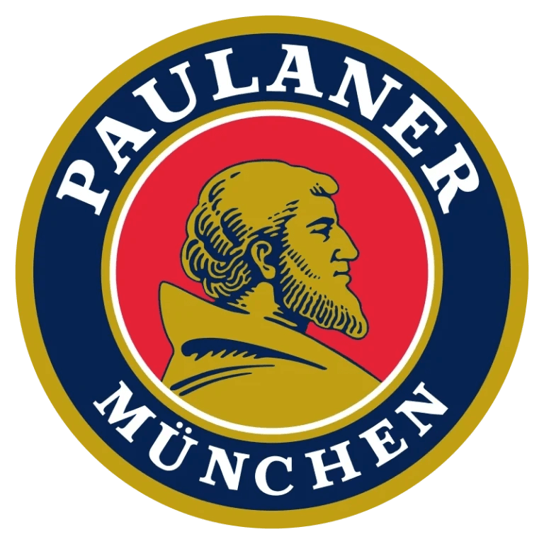 Paulaner-Logo mit Mönchsfigur und blauem Schriftzug.